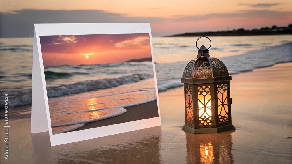 A serene scene of a beach at sunset, featuring a greeting card showcasing a photograph of the ocean waves at sunset alongside a lit lantern sitting on the sand. A serene scene of a beach at sunset, featuring a greeting card showcasing a photograph of the ocean waves at sunset alongside a lit lantern sitting on the sand.