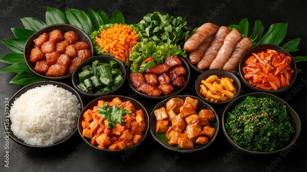 Korean cuisine assortment, dark background, studio shot, food photography, website banner Korean cuisine assortment, dark background, studio shot, food photography, website banner
