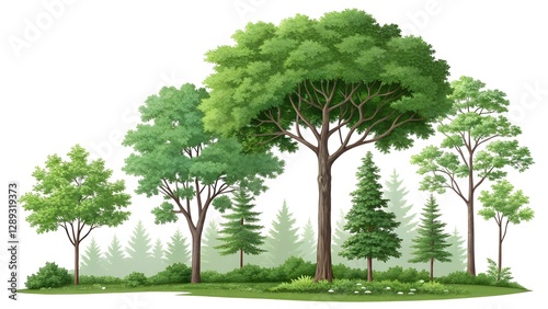 A vibrant illustration featuring a collection of diverse trees in a lush, green forest setting.
