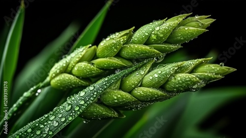 Fresh Grain Drops: A close-up captures the vibrant green grain with dewdrops, illustrating the essence of life. revealing the textures.