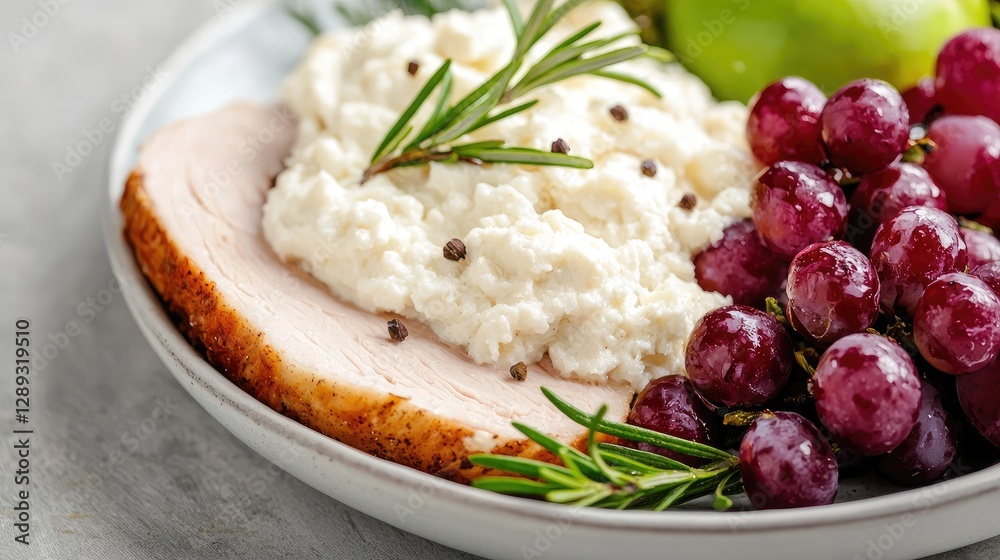 Roasted turkey breast with creamy cheese, grapes, and rosemary Roasted turkey breast with creamy cheese, grapes, and rosemary