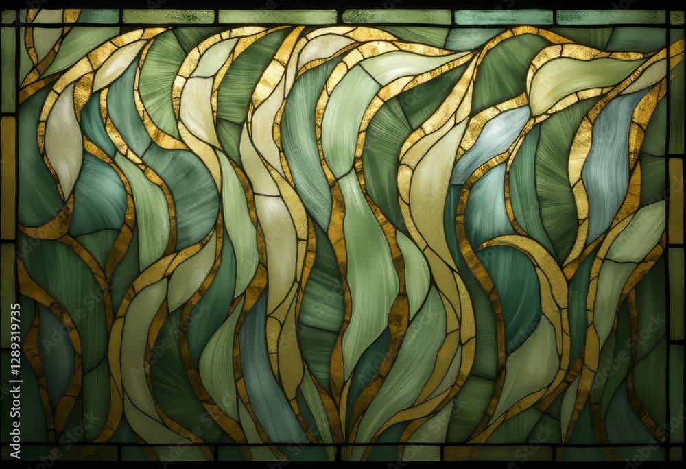 Fototapeta premium Intricately designed stained glass window with flowing leaf-like and wave-like organic shapes in shades of green, accented with gold and white, creating a harmonious and visually appealing pattern