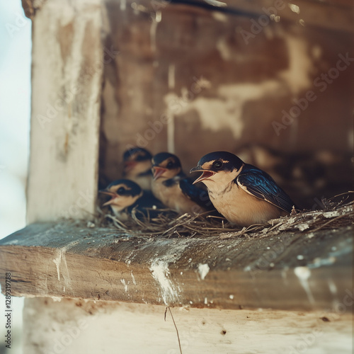 Nest of Baby Birds Chirping in a Wooden Shelter photo