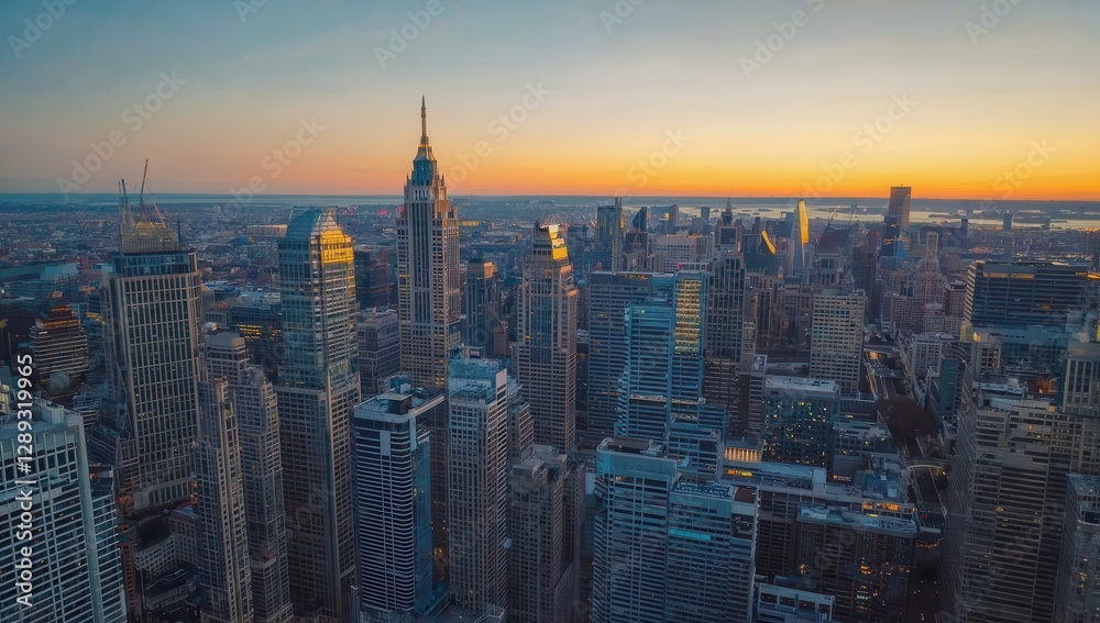 Obraz premium Aerial View of Vibrant City Skyline at Sunset