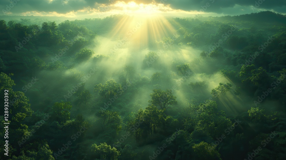 Obraz premium Sun Rays Breaking Through Misty Lush Green Forest