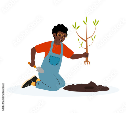 Young person plants a tree in a garden on a sunny day, promoting environmental awareness