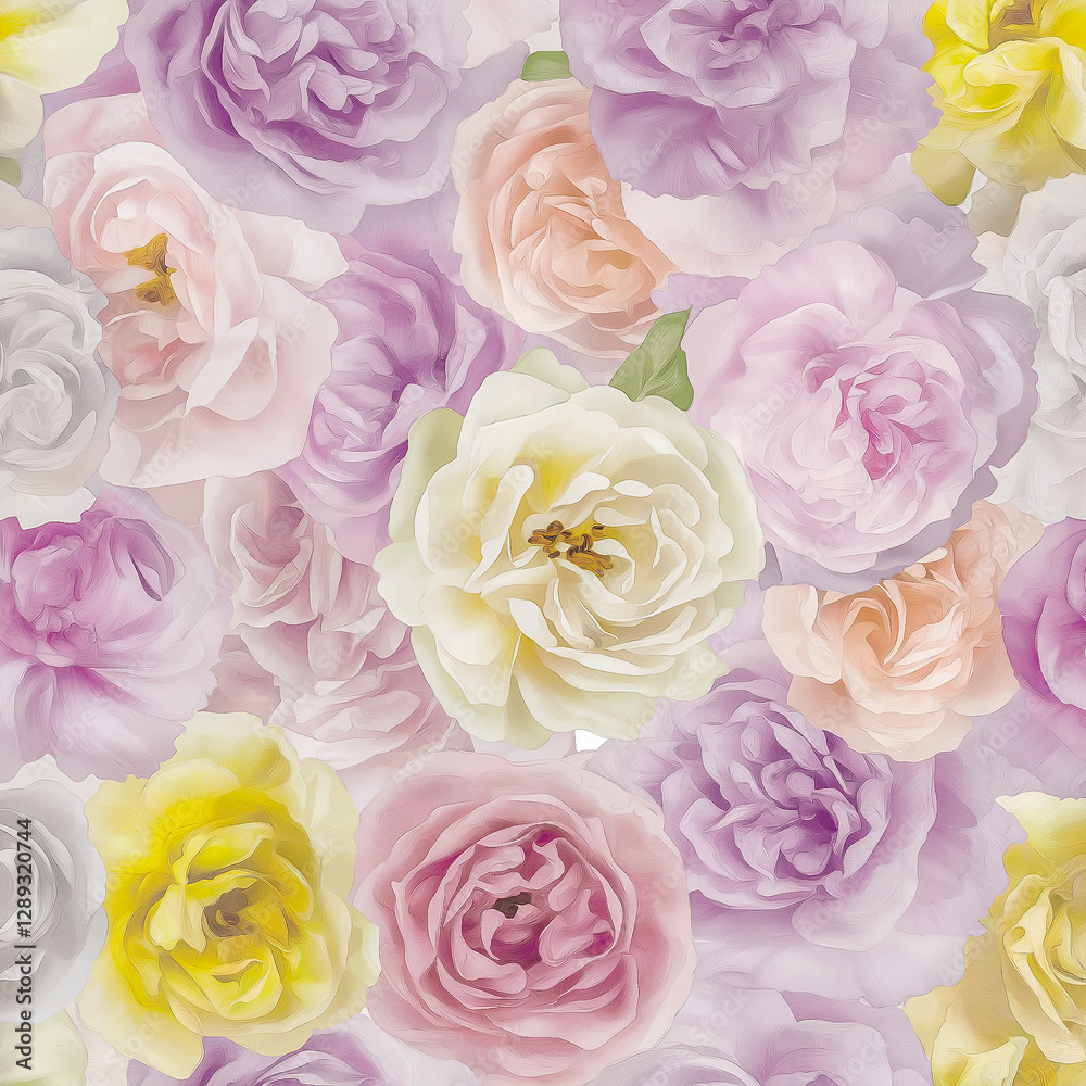 A background of many delicate roses and peonies in shades of pink, purple, yellow and white for design A background of many delicate roses and peonies in shades of pink, purple, yellow and white for design