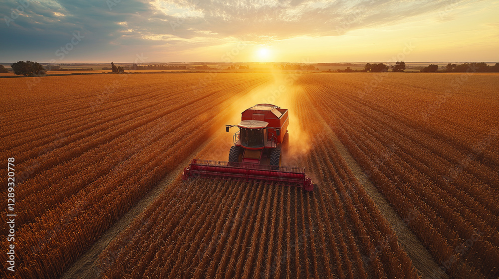 Fototapeta premium A vibrant combine harvester works diligently in expansive fields as the sun sets, casting a golden light that highlights the rich crops. Dust swirls gently, creating a magical atmosphere