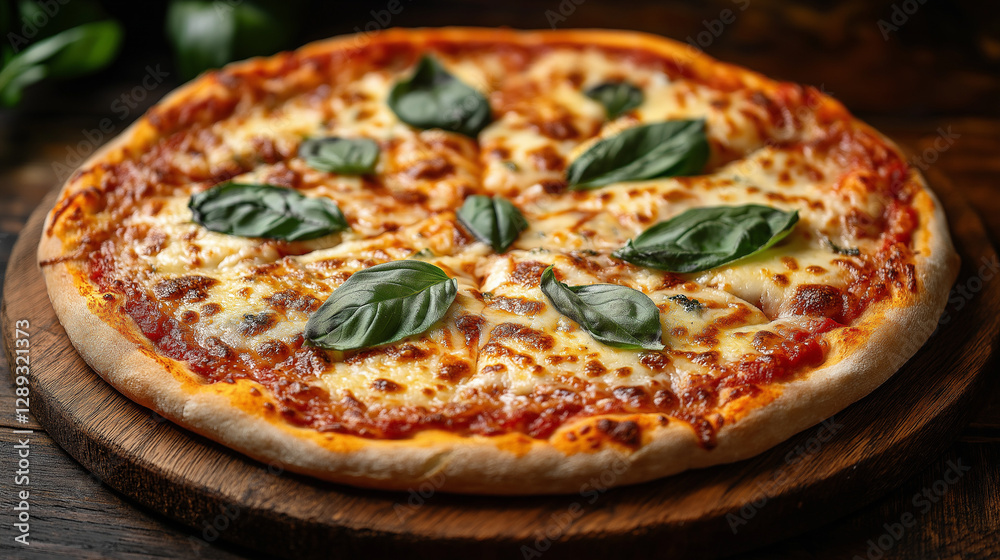 A delicious pizza is laid out on a rustic wooden board, featuring bubbling cheese and vibrant basil leaves, inviting food lovers to indulge in its warm, cheesy goodness A delicious pizza is laid out on a rustic wooden board, featuring bubbling cheese and vibrant basil leaves, inviting food lovers to indulge in its warm, cheesy goodness