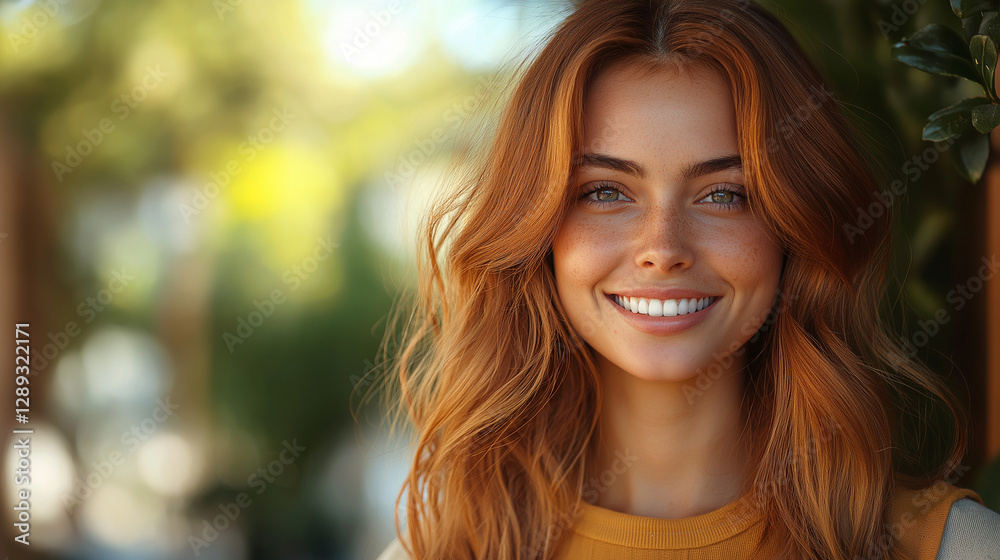 A woman with vibrant red hair beams joyfully under the warm sunlight, her bright smile reflecting happiness as she enjoys a summer gathering amidst verdant foliage A woman with vibrant red hair beams joyfully under the warm sunlight, her bright smile reflecting happiness as she enjoys a summer gathering amidst verdant foliage