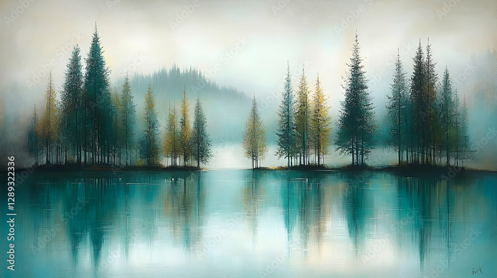 Fototapeta premium Misty lake reflecting golden autumn trees, tranquil forest background, ideal for serene home decor