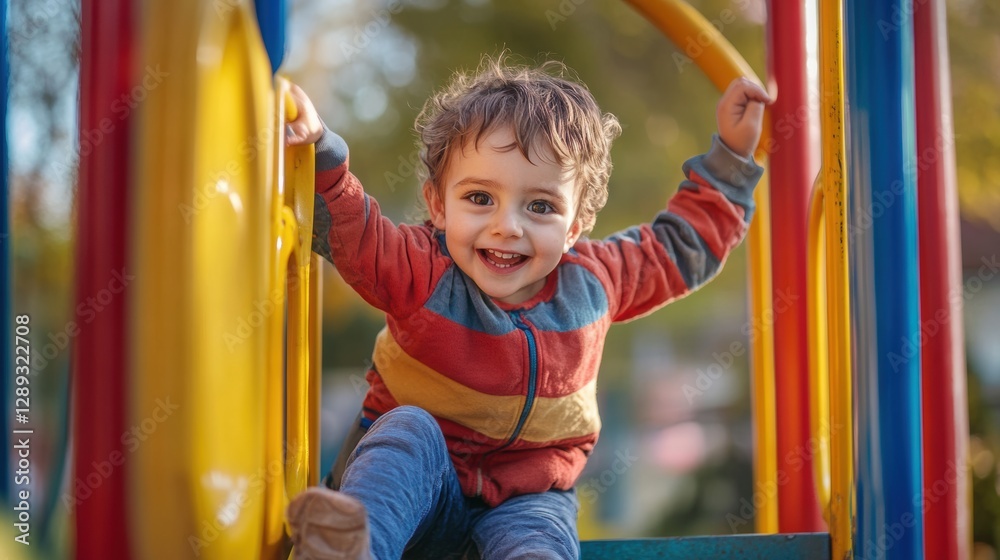 Happy child playing in playground in Spring Happy child playing in playground in Spring