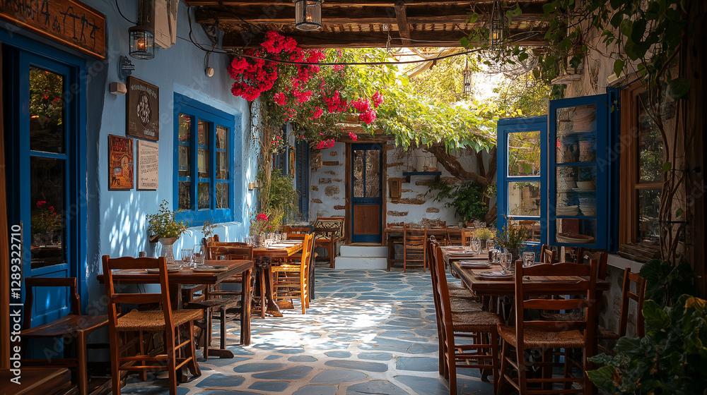 Fototapeta premium A cozy outdoor dining area invites guests to enjoy delicious meals under a canopy of blooming flowers. Sunlight streams through, enhancing the tranquil atmosphere in a lovely setting