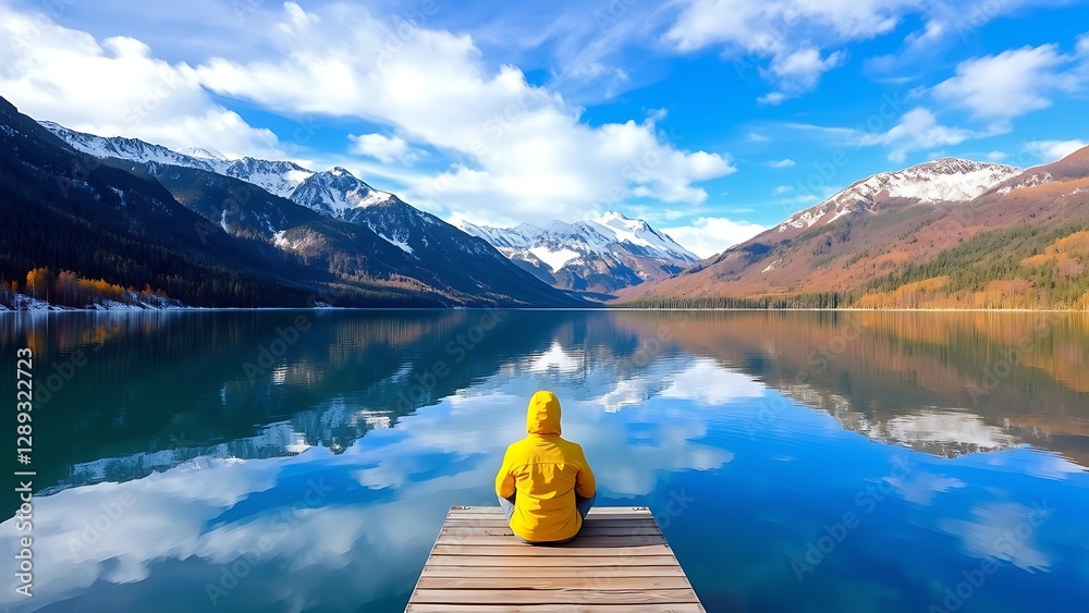 Fototapeta premium Serene lake meditation with a monk sitting on a wooden pier, reflecting mountains and sky in a peaceful natural landscape