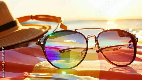 Summer reflections: sunglasses reveal vibrant seaside sale at sunset. Animated text 