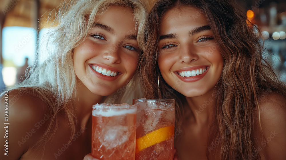 Two smiling friends clink glasses filled with refreshing drinks while enjoying a sunny day at a lively beach bar, radiating happiness and camaraderie under the warm light Two smiling friends clink glasses filled with refreshing drinks while enjoying a sunny day at a lively beach bar, radiating happiness and camaraderie under the warm light