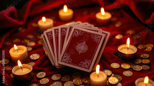 Lenormand oracle cards face down on a red tablecloth, surrounded by white candles and golden coins