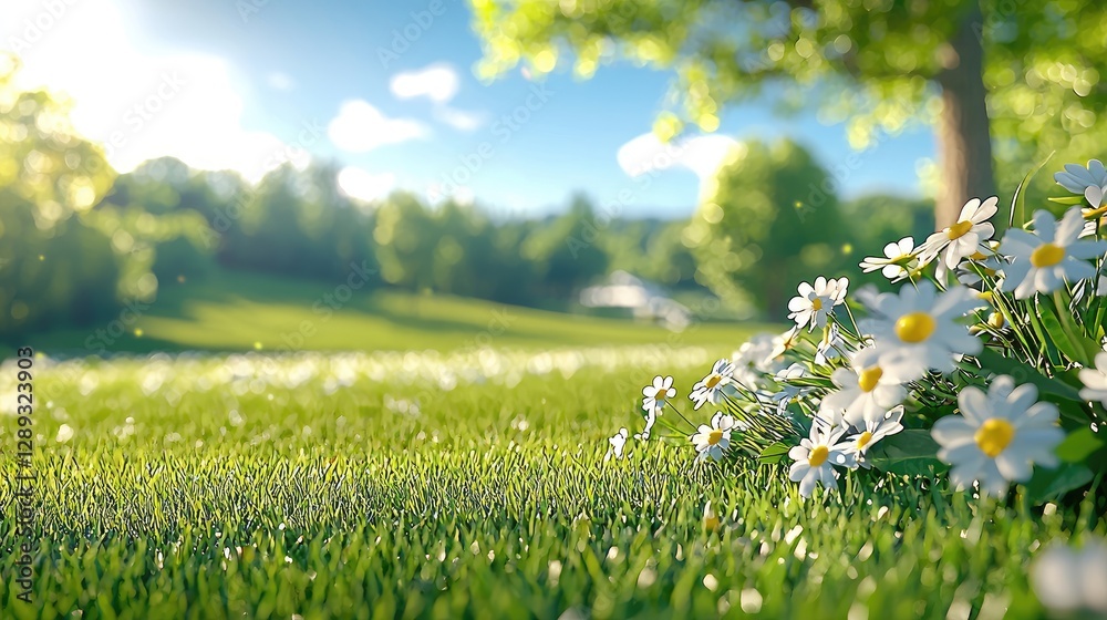 Fototapeta premium Sunny meadow daisies spring park background