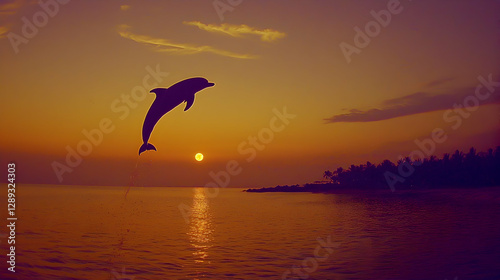 Dolphin leaping sunset ocean tropical island silhouette