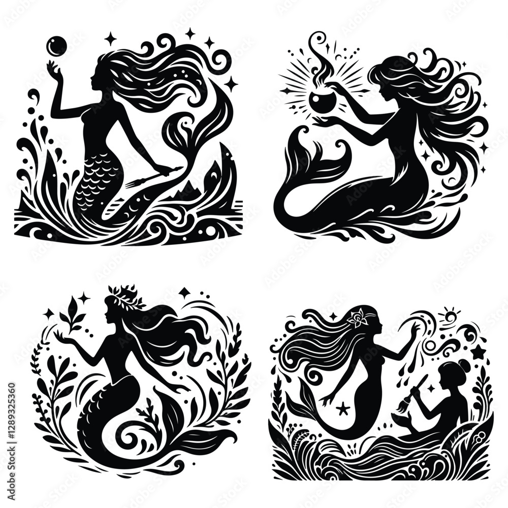 Mystical Mermaid Silhouettes: Enchanting Oceanic Art Mystical Mermaid Silhouettes: Enchanting Oceanic Art
