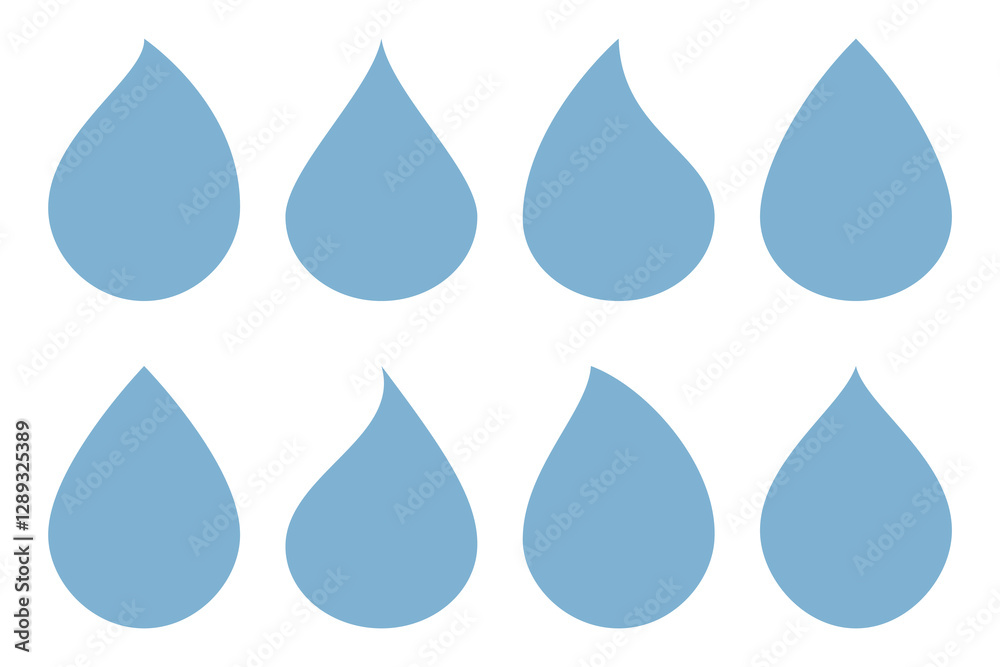 Set of blue water droplet silhouette. Drop simple icon. Rain drops various shapes flat design isolated on white. Element for logo, sticker, cosmetic package, forecast graphic Design Set of blue water droplet silhouette. Drop simple icon. Rain drops various shapes flat design isolated on white. Element for logo, sticker, cosmetic package, forecast graphic Design