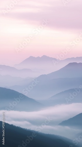 Misty morning mountains with soft clouds creating a pastel gradient atmosphere perfect for phone background wallpaper