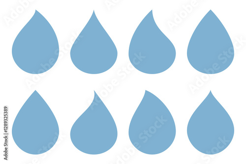 Set of blue water droplet silhouette. Drop simple icon. Rain drops various shapes flat design isolated on white. Element for logo, sticker, cosmetic package, forecast graphic Design