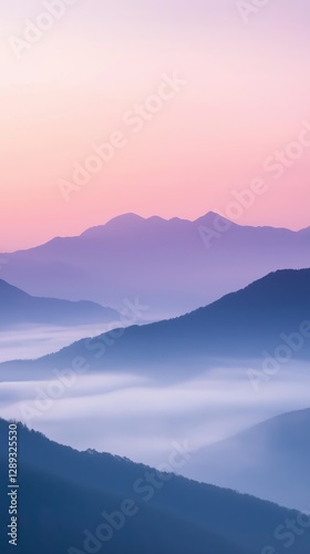 Misty morning mountains with soft pastel clouds creating a dreamy atmosphere for phone background wallpaper