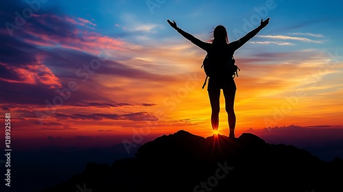 Wallpaper Mural Woman celebrating success on mountain against a sunset sky Torontodigital.ca
