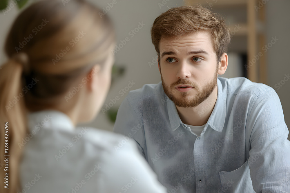 Handsome young male employer talk to female professional candidate on job interview, discussing resume. Boss and manager discussing work plan, strategy, sales report at meeting table Handsome young male employer talk to female professional candidate on job interview, discussing resume. Boss and manager discussing work plan, strategy, sales report at meeting table