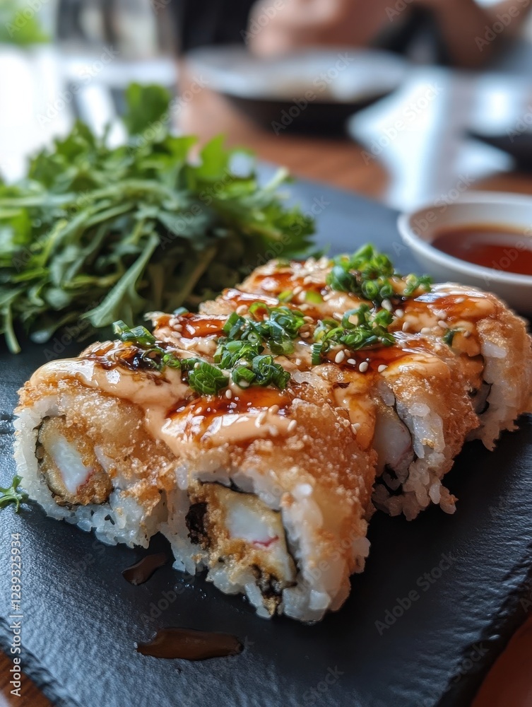 Delicious sushi rolls on a slate plate garnished with green onions, accompanied by a small bowl of sauce and fresh herbs in a bright dining setting Delicious sushi rolls on a slate plate garnished with green onions, accompanied by a small bowl of sauce and fresh herbs in a bright dining setting