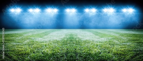 A Professional cricket sports background for advertisement, A Wide Perspective Spectacular sport cricket stadium with glowing floodlights and empty green grass field and pitch. 