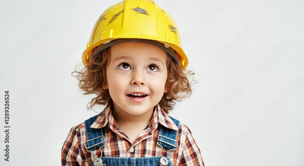 Happy child wearing a yellow construction helmet and looking up with curiosity Happy child wearing a yellow construction helmet and looking up with curiosity
