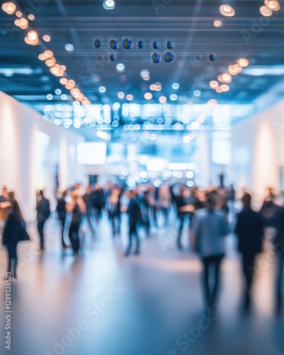 Corporate networking event in large conference hall with attendees engaging in lively discussions