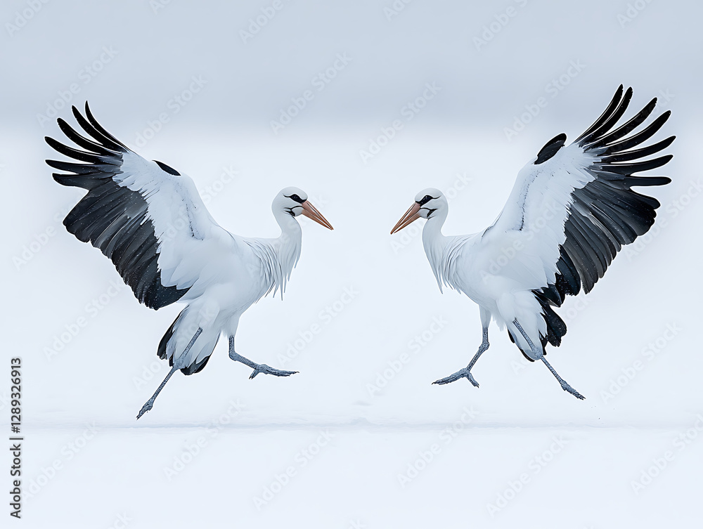 Obraz premium Two elegant white cranes mirroring each other wings outstretched in a dance above a snow-covered landscape.