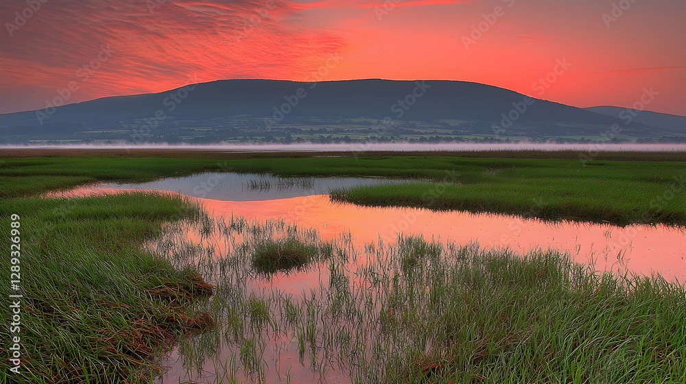 Obraz premium Sunrise reflecting on tranquil wetland marsh, mountain backdrop, early morning mist