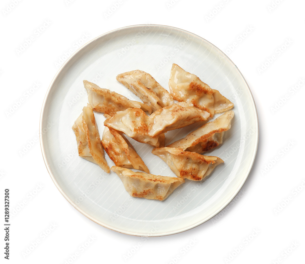 Tasty fried gyoza dumplings isolated on white, top view Tasty fried gyoza dumplings isolated on white, top view