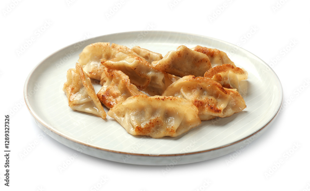 Tasty fried gyoza dumplings isolated on white Tasty fried gyoza dumplings isolated on white
