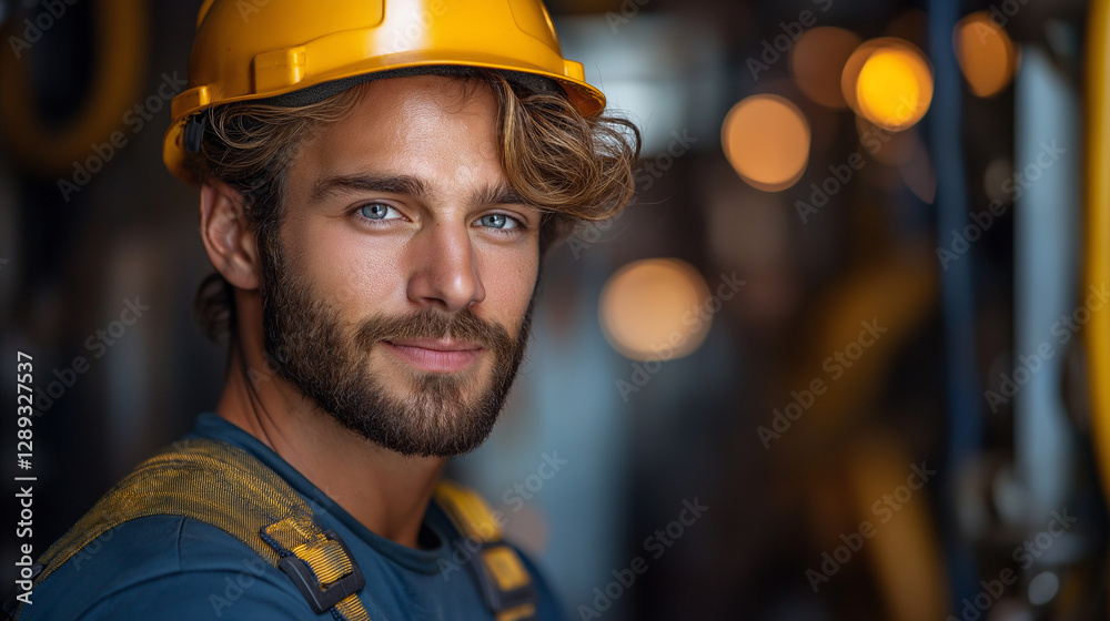 With a bright yellow helmet and a calm smile, a skilled worker stands proud in an industrial environment, showcasing determination and strength under soft glowing lights With a bright yellow helmet and a calm smile, a skilled worker stands proud in an industrial environment, showcasing determination and strength under soft glowing lights