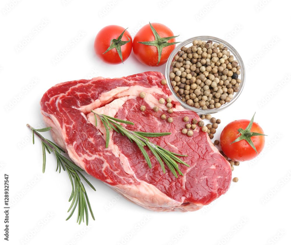 Piece of raw beef meat, tomatoes and spices isolated on white, top view Piece of raw beef meat, tomatoes and spices isolated on white, top view
