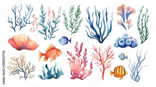 Watercolor Seaweed and Fish Collection, Colorful Illustration, Graphic Elements
