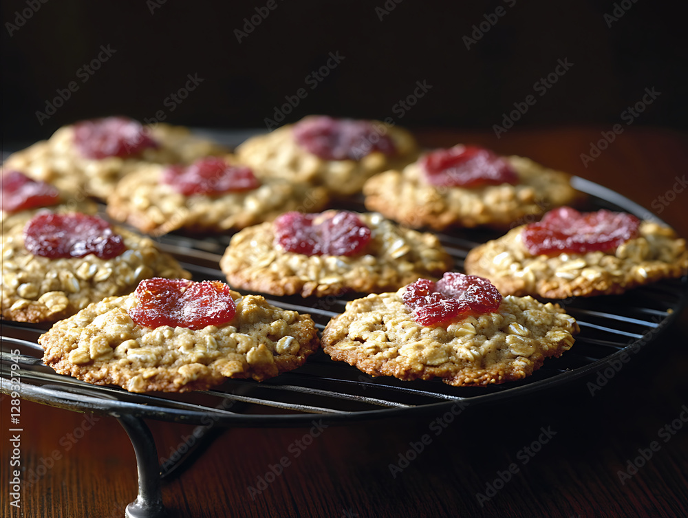 Oatmeal cookies with a dollop of red jam arranged on a wire rack against a dark background. Oatmeal cookies with a dollop of red jam arranged on a wire rack against a dark background.