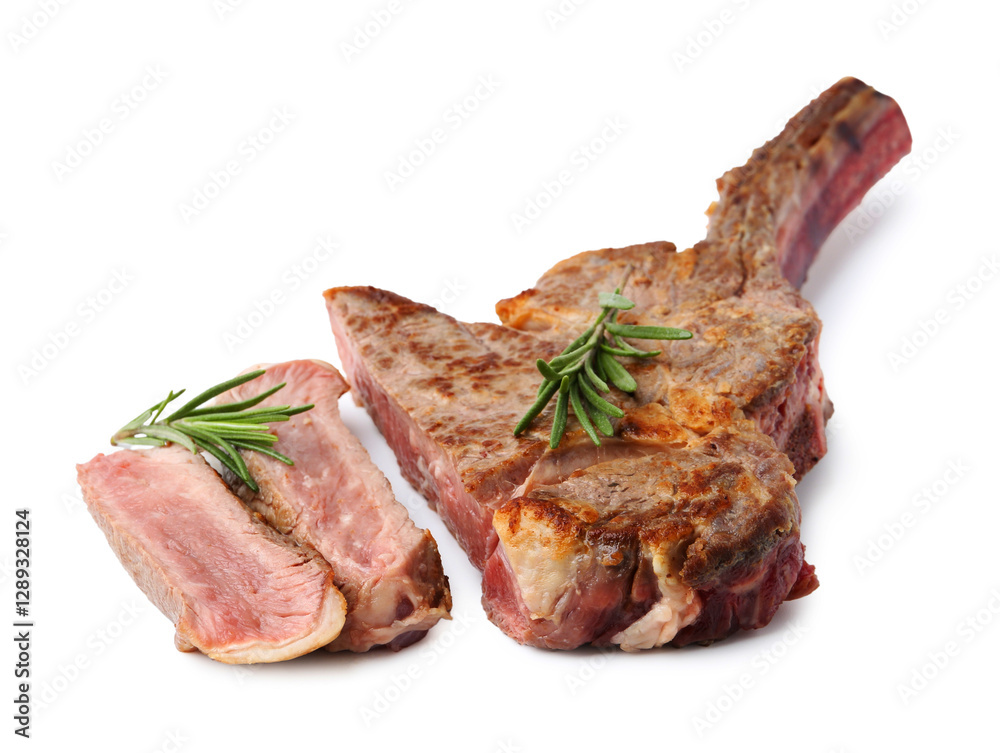 Fototapeta premium Pieces of delicious beef meat and rosemary isolated on white