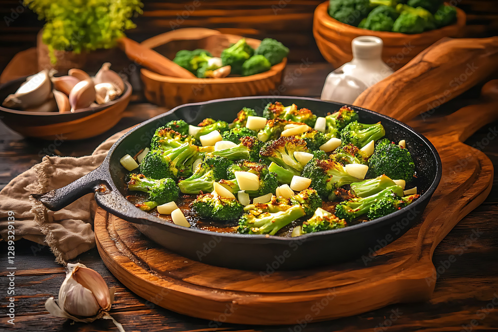 Roasted broccoli with garlic in a cast iron skillet on a wooden board. Roasted broccoli with garlic in a cast iron skillet on a wooden board.