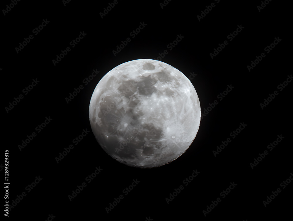 A full luminous moon dominates the black sky its craters and textures rendered in shades of gray. A full luminous moon dominates the black sky its craters and textures rendered in shades of gray.