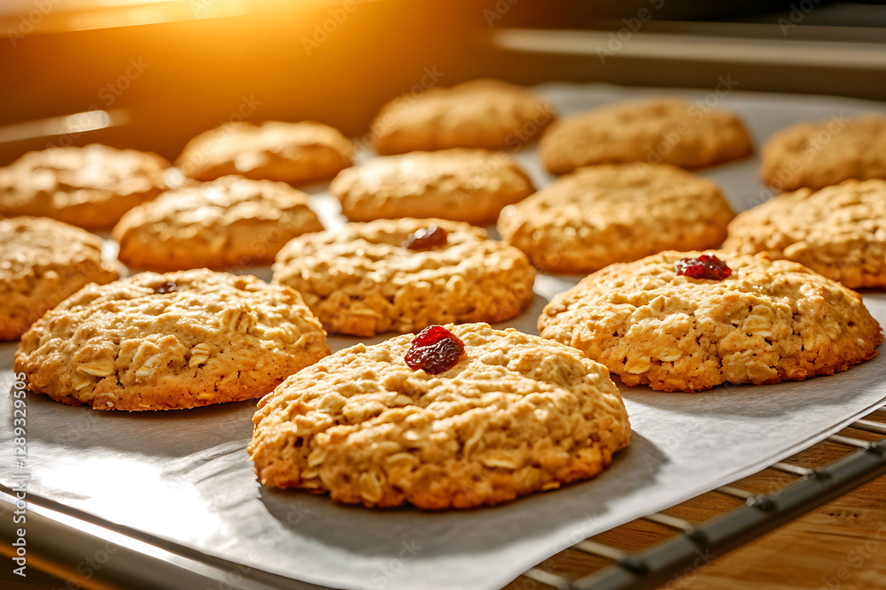 Golden oat cookies bake on parchment paper some adorned with dried cranberries catching the warm glow of the oven light. Golden oat cookies bake on parchment paper some adorned with dried cranberries catching the warm glow of the oven light.