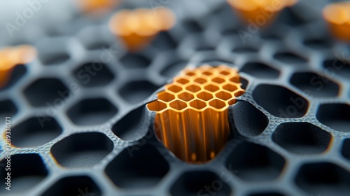 A closeup view of a hexagonal grid with golden structures resembling honeycombs, one prominently in focus.