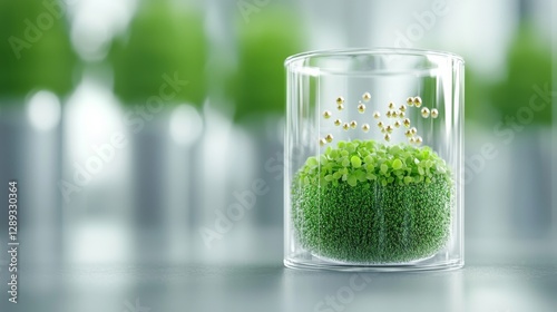 A clear glass container holds a vibrant green plant with small white flowers, set against a blurred background