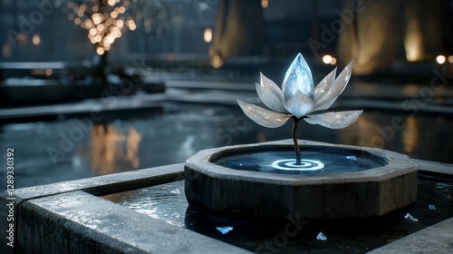 A futuristic, glowing lotus flower in a stone basin with a dark, illuminated background.