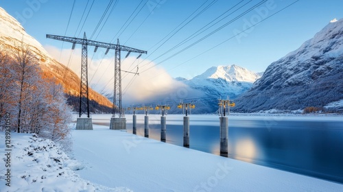 Winter Landscape with Electricity Pylons Over a Frozen Lake